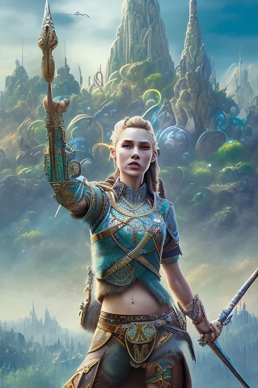  Photorealistic painting Portrait voluptuous female Celtic Chief iron maiden rainbow celtic tribal tattoos, sword, full detail, 8k Neko Erokawa, style of Zootopia