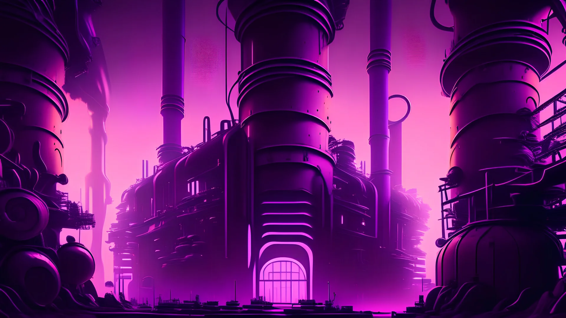 a giant factory, purple tones, dreamy, psychedelic, 4k, sharp focus, volumetrics, trippy background