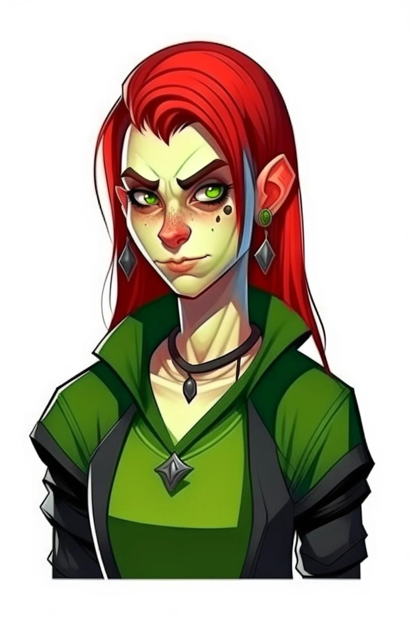 very smart half orc teenaged tomboy woman, shes strong and not pretty, her hair is dark red and mid length, she wears an earring and black clothing with green skin and pointed teeth, realistic style