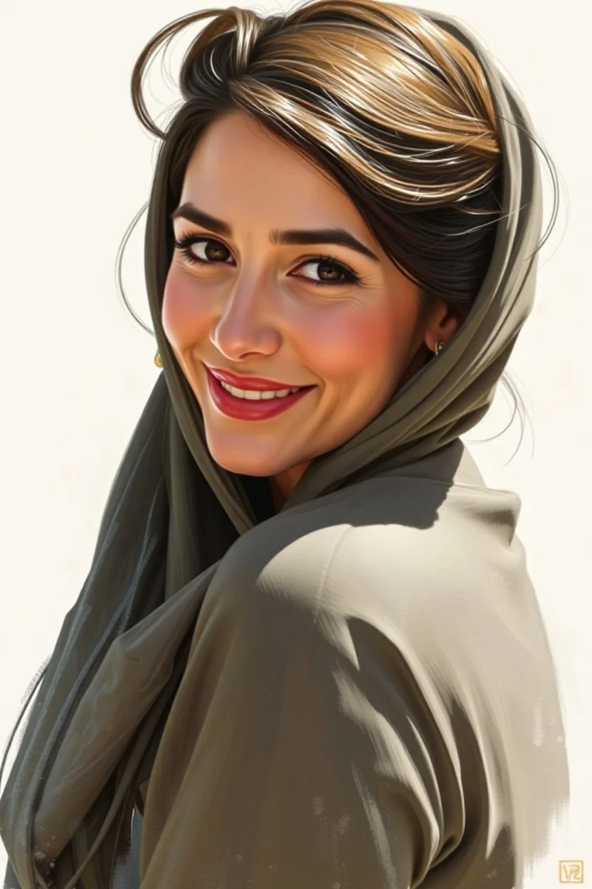 Palestinian woman with a beautiful face, turning her face slightly to the right, with a beautiful smile, and her mouth closed, not showing her teeth, she looks drawn with oil paints