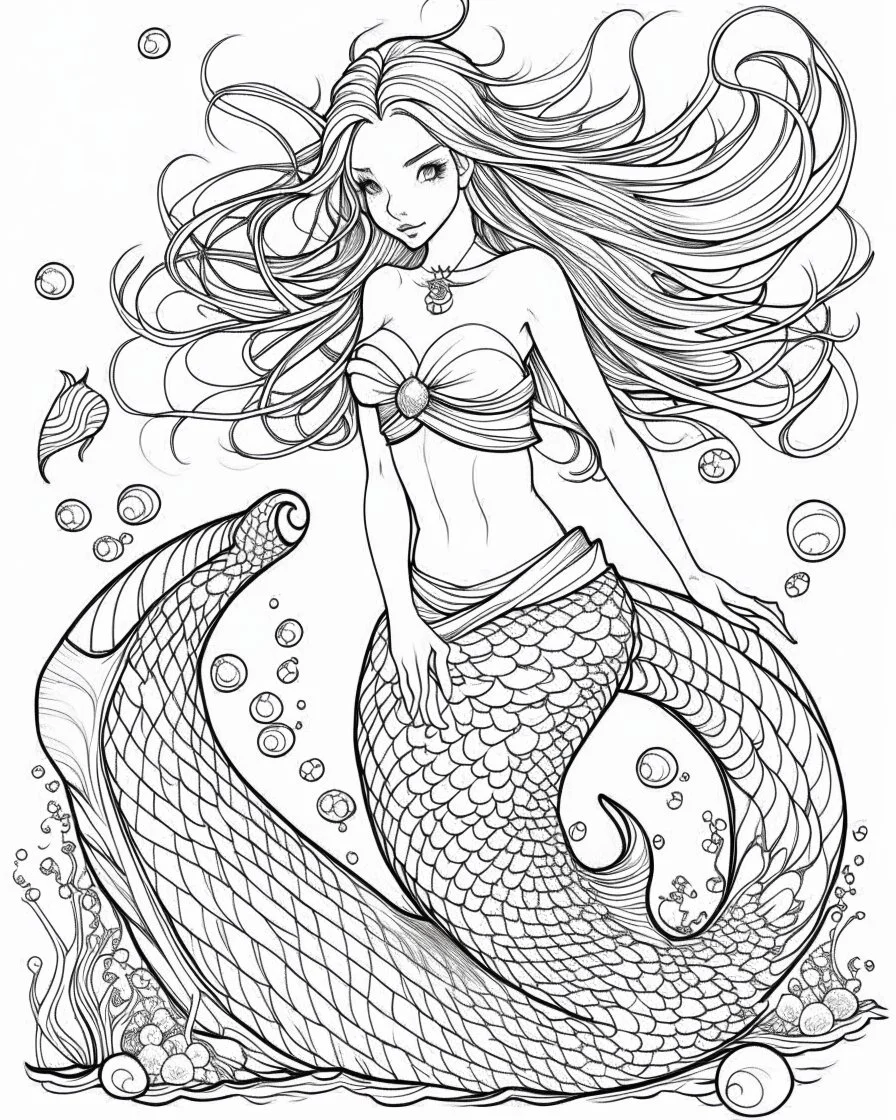 A real simple l mermaid, coloring image,