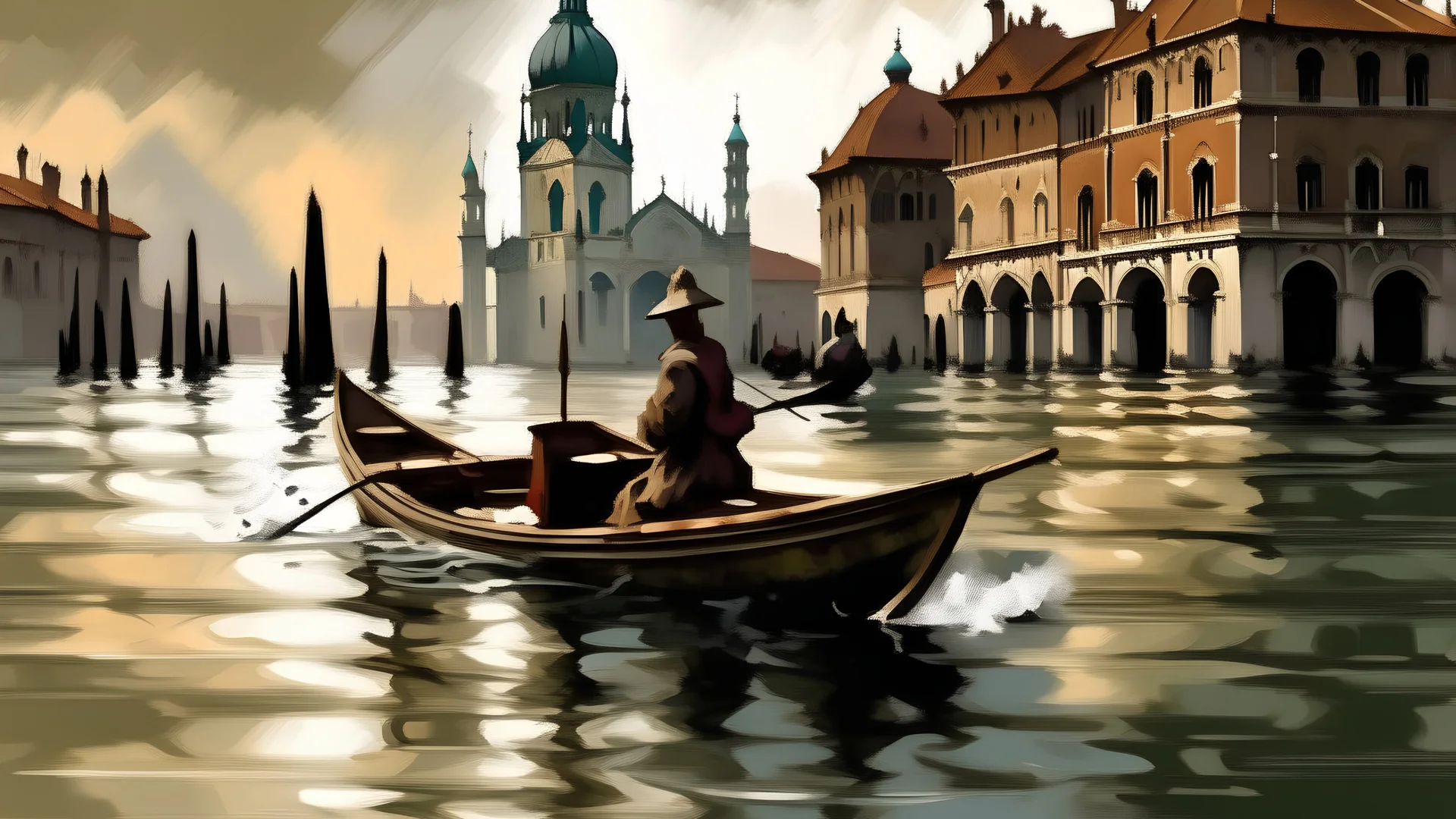 digital painting, A gondolier rowing a gondola in a flooded St. Mark's Square in Venice, with the iconic St. Mark's Basilica in the background, bold and slim lines, brush strokes