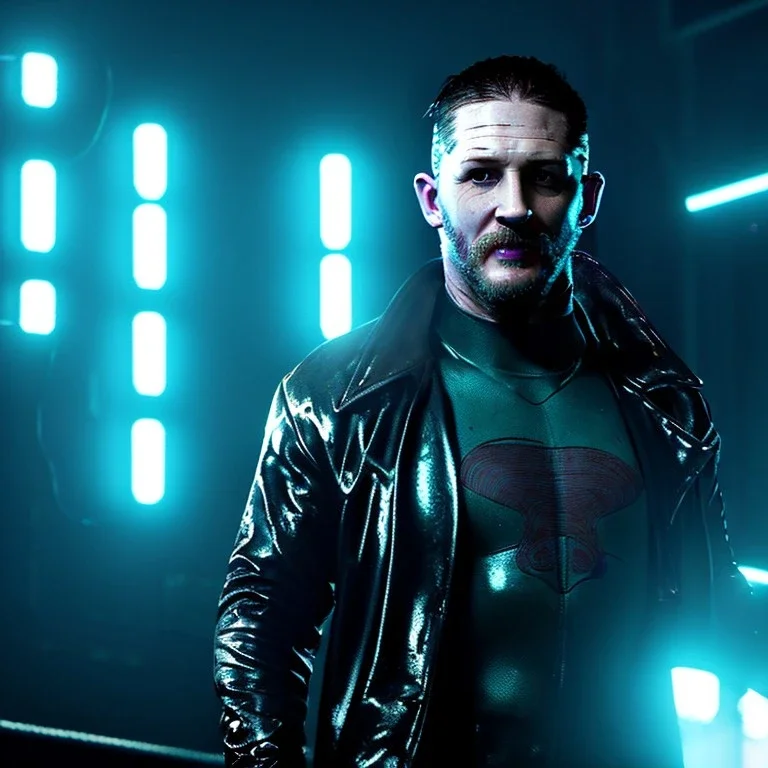 Actor, tom hardy, replicant man, blade runner style, rain, fog, neon ambient, gradient color, clean skin, circuits, latex coat, cyber punk, neon, tubes, portrait, studio photo, unreal engine 5, smooth color, 16 bit, god lights, ray tracing, RTX, lumen lighting, ultra deatail, volumetric lighting, 3d, finely drawn, hd.