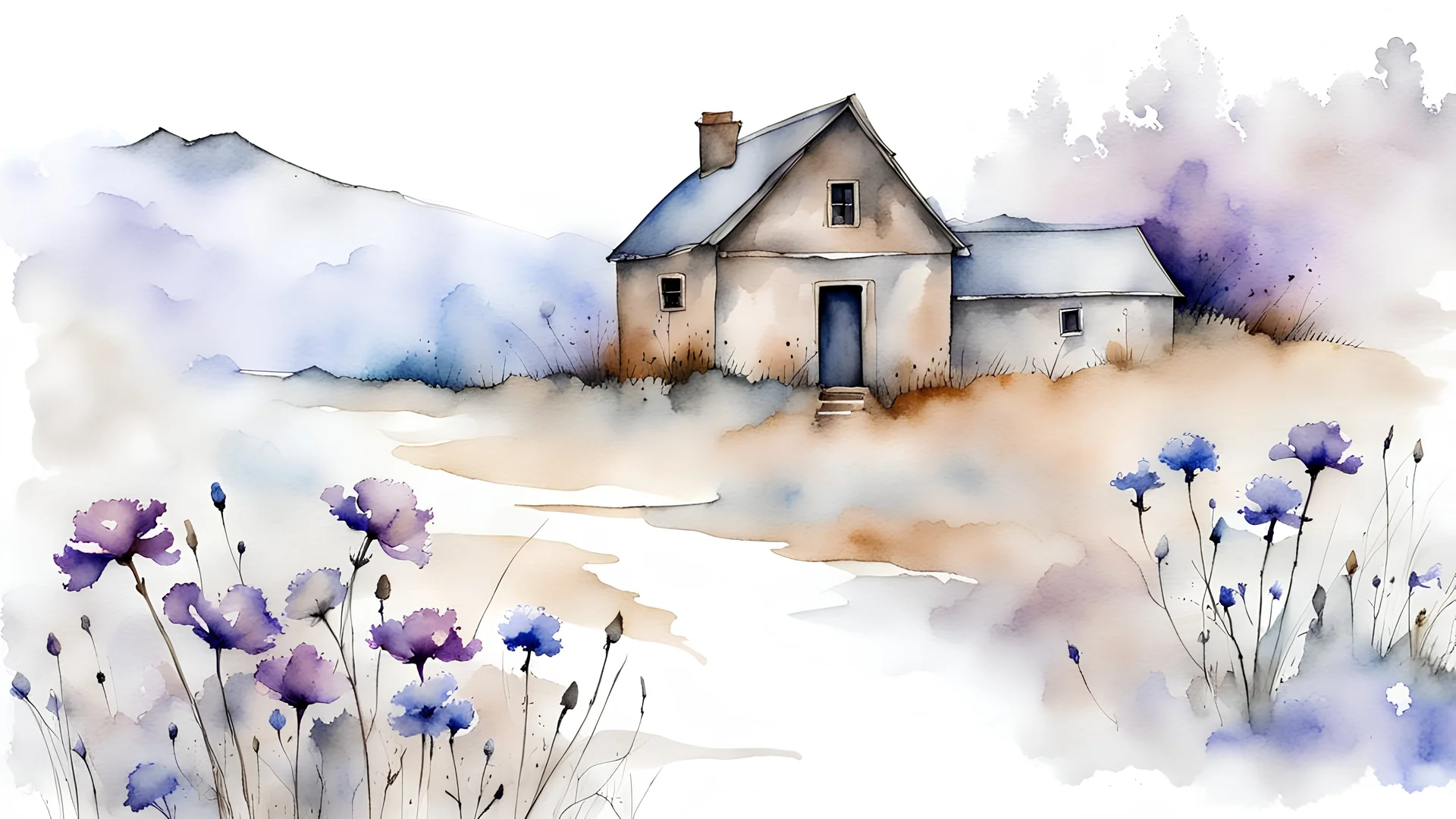 watercolor on dry, with ink wash, very fine drawing in black ink, grunge, rust, detailed, pastel colors, light gray, light almond, outline of stone old fantasy village, close up splashes of purple and blue meadow carnation, delicate wildflowers, stonecrop, dreamy, very delicate mood, foggy lights, detailed, high contrast, masterpiece