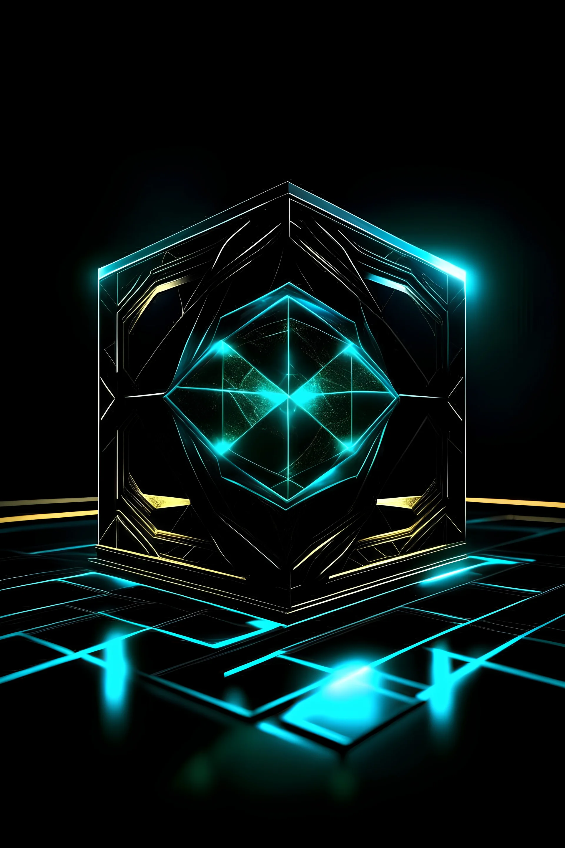 Tesseract from movie Loki, in the middle and with glow, background of picture black.