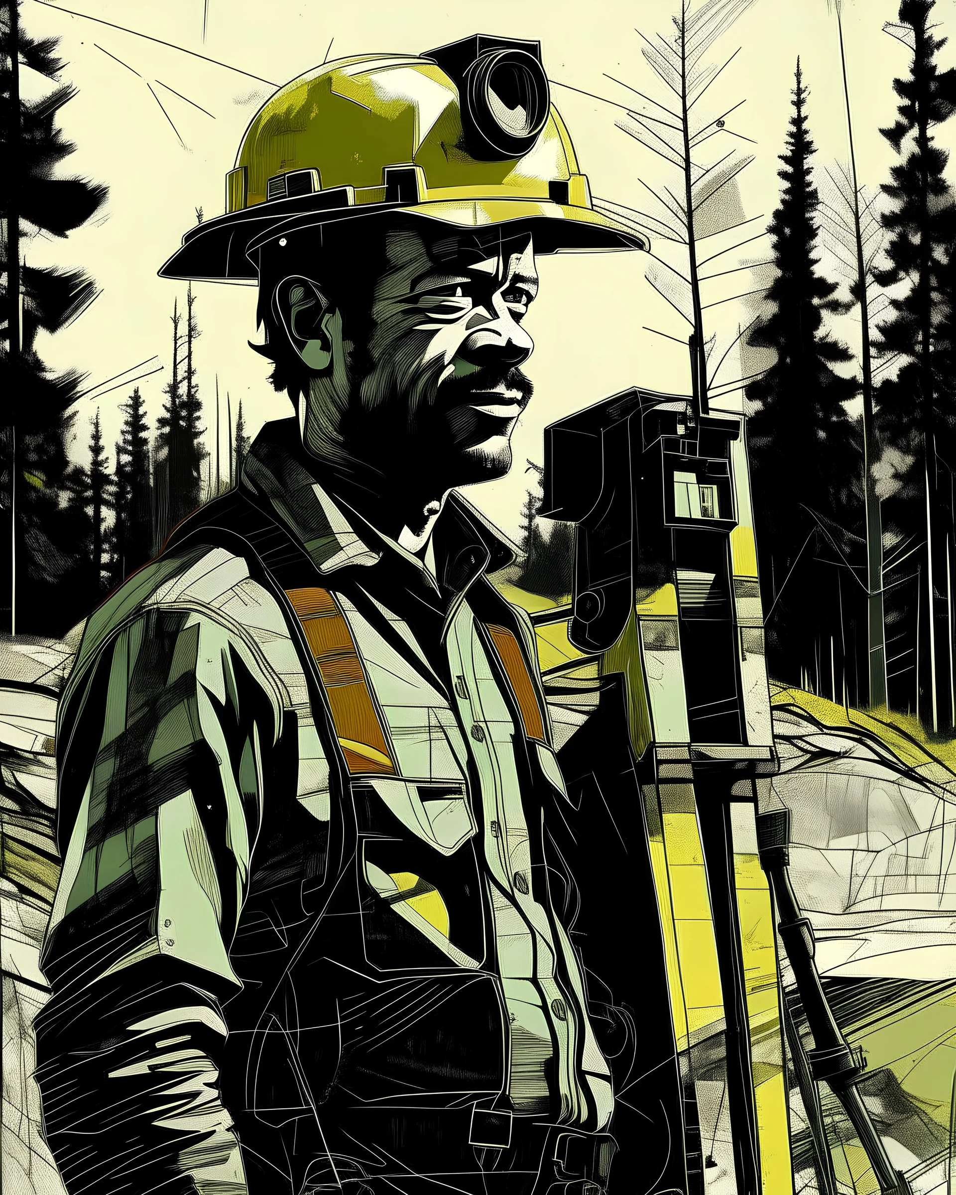 create picture: a civil engineer with a total station in wood nature, mesmerizing beautiful By Jean-Michel Basquiat —ar 2:3 —stylize 250 —v 5.2