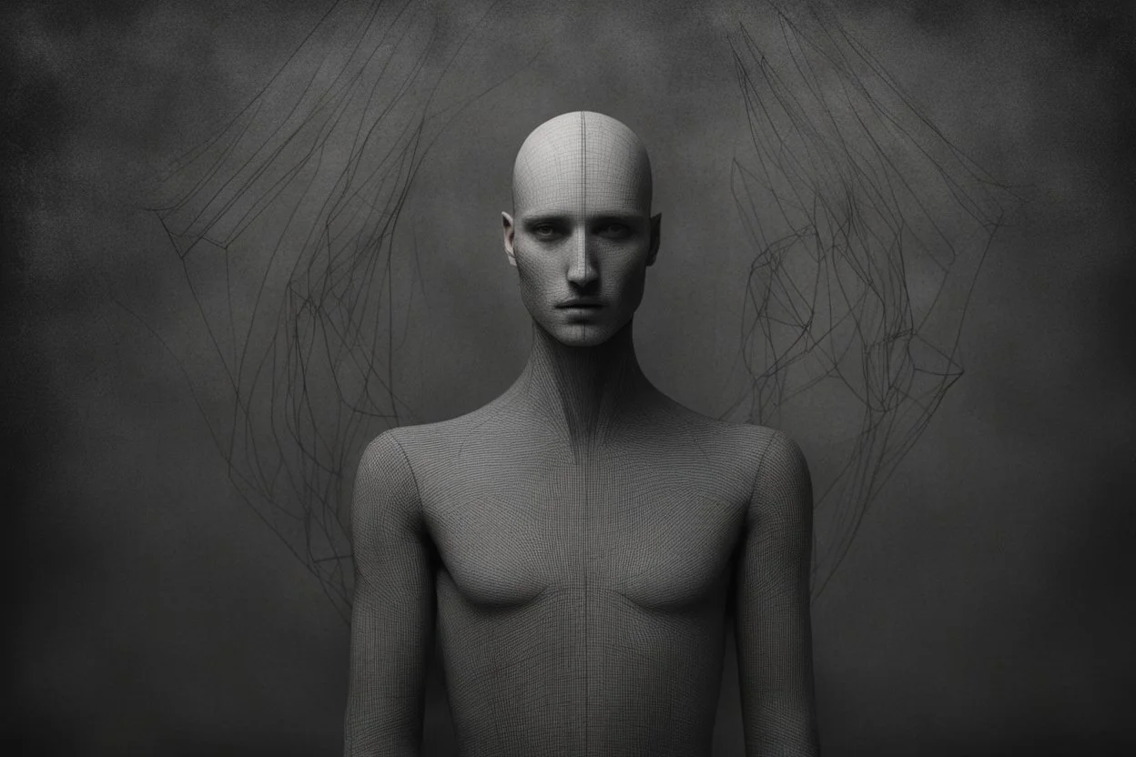 monochrome, cardboard figure on the left of the picture, stocky human figure with a head tilted to the left, almost no neck, no face or hair, schematic drawing, against a dark grey background with a symmetrical pattern, a lighter grey, almost monochrome, in moonlight, crayon drawing in shades of grey and black, ethereal, cinematic postprocessing