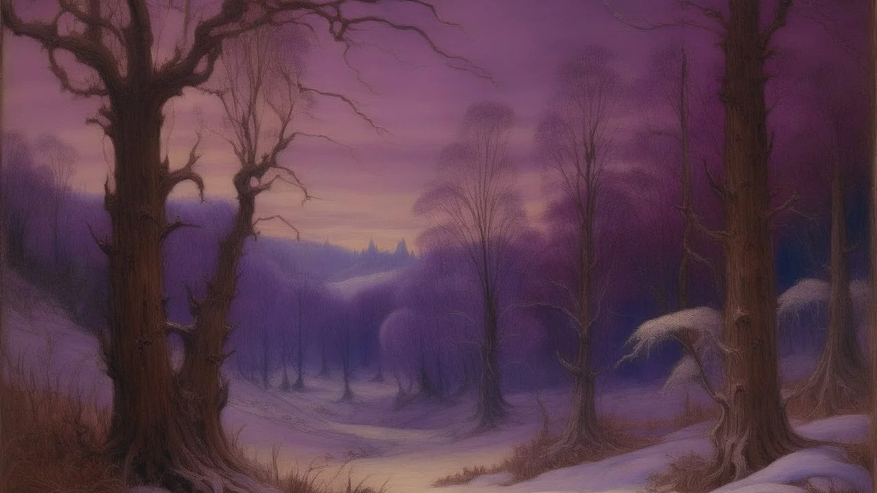 A purple winter wonderland painted by Leonardo da Vinci