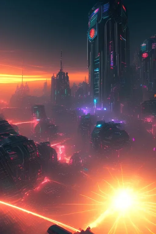 energy beam from the sky destroys a cyberpunk city, sunset, ambience, eerie, 8k, wallpaper