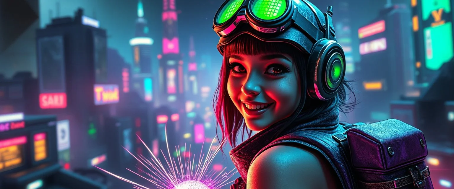 cyberpunk space city, in valley, close up on realistic A charming smiling space pirate hi class girl with disco ball rocket shooting sparks backpack , Blew a fuse in his hips and short-circuited his bits, The Martian fluffy gremlins went wild, the Plutonians dogs screamed, Even black-and-white aliens turned ultraviolet green! in the style of Rembrandt and HR Giger, background motion blur , and volume fog spot lights