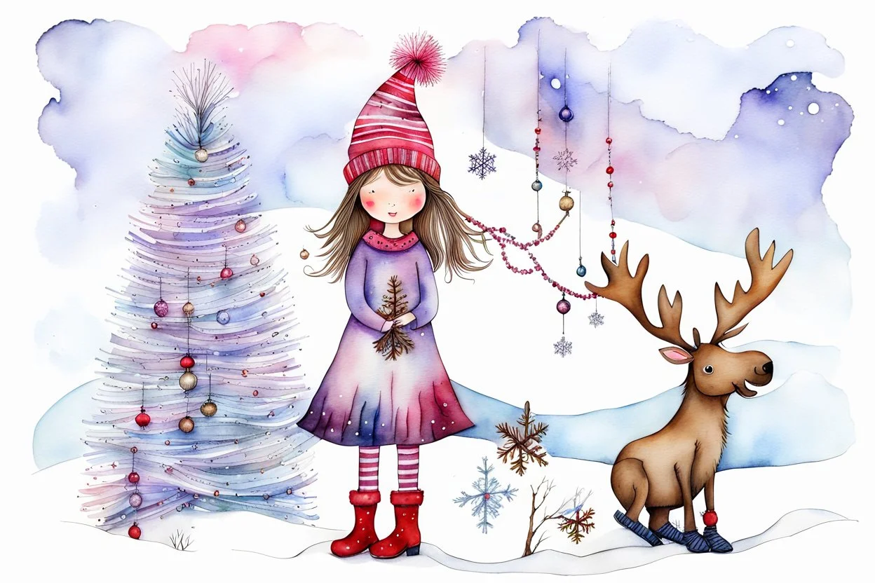 an enchanting illustration Watercolor, Alcohol Ink, Of little girl with short wind blown hair, knit hat with many strands of hair coming through her hat, tiny tinsel and beads through hair, silk lavender and pink dress, striped stockings, boots, stick tree with hanging ornaments from branches, scene is the girl hugging a moose with a red collar around his neck, snowflakes falling from the sky misty evergreen and birch tree background, Wintery Scape