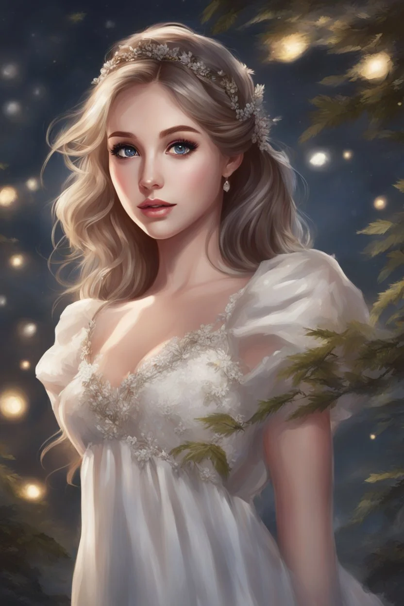 Painting of a beautiful girl, beautiful, dress, young girl, digital painting, realistic art, pretty face, illustration, anime portrait, barbie face, big eyes, bright eyes, dream, trees, white background, dark night,white background, fantasy, high quality, 8k