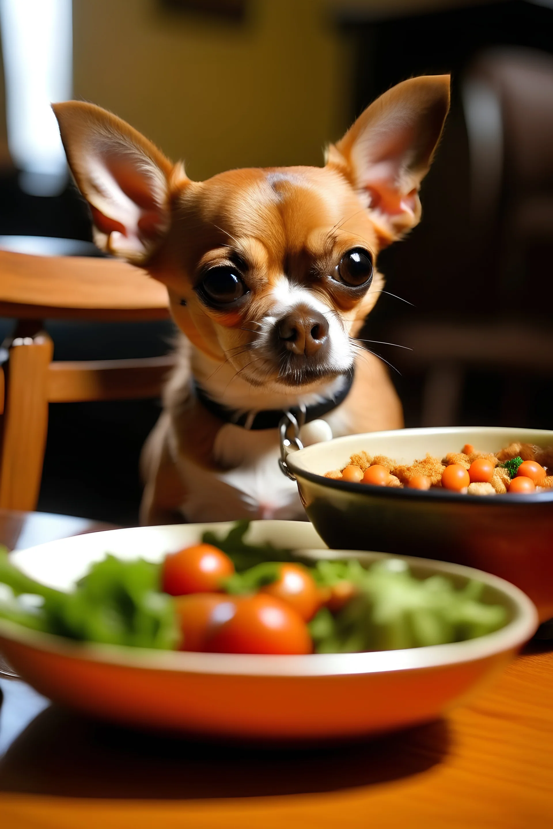 um cachorro, um saco de dog food e um hamburger pattie