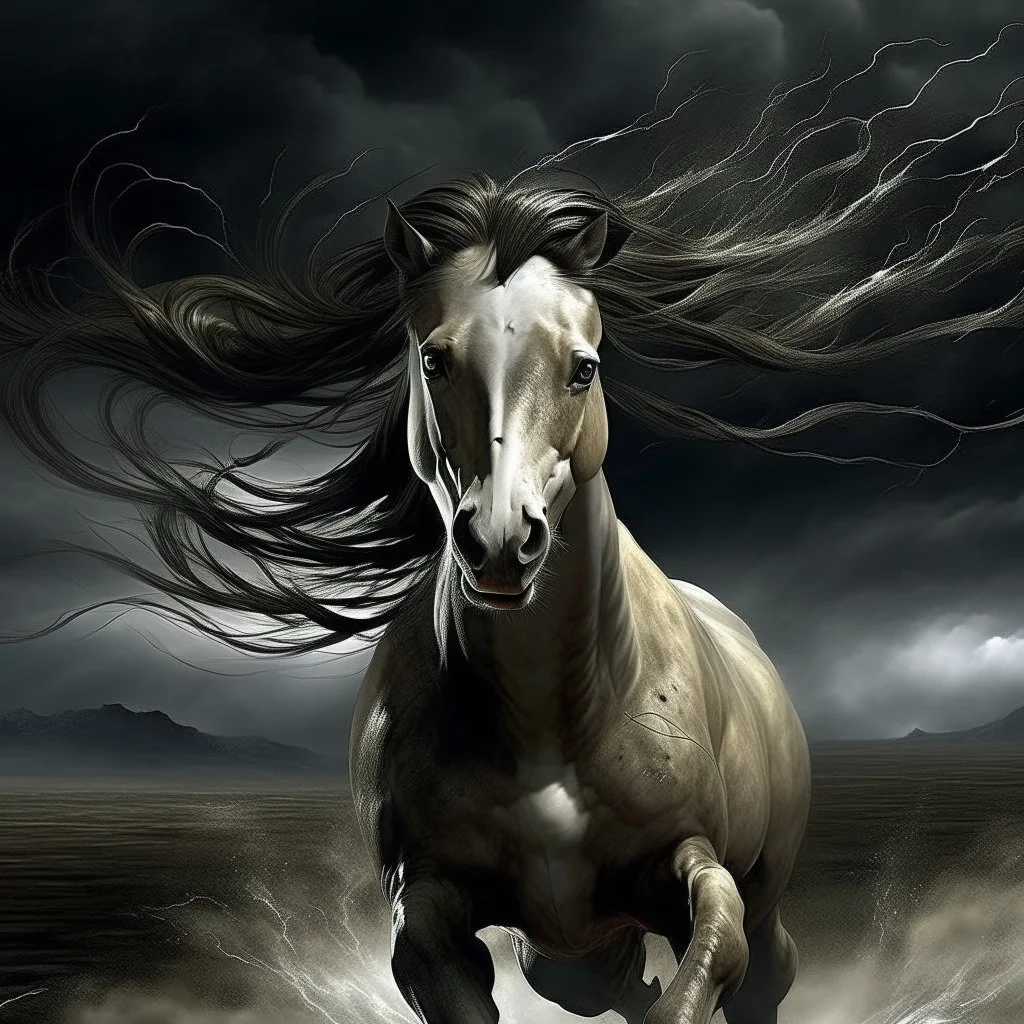 Horse running in themiddle of a storm