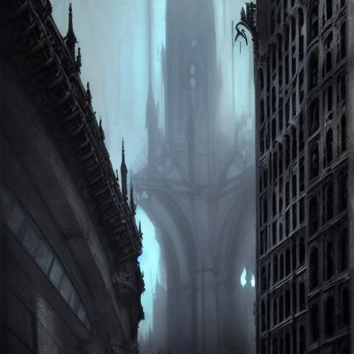 Gothic bridges between building,Bridges on rooftops, Gotham city,Neogothic architecture, by Jeremy mann, point perspective,intricate detailed facades