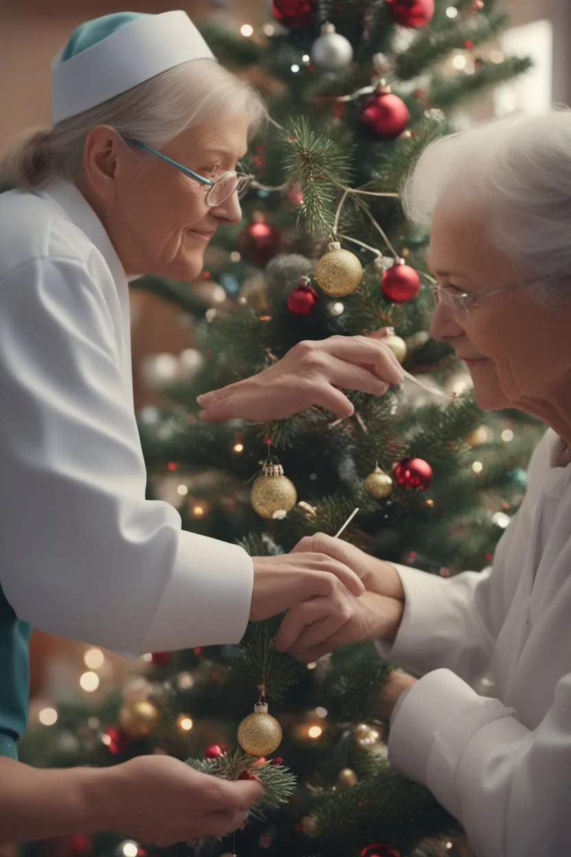 A heartwarming close-up photo of a young nurse helping an elderly person decorate a Christmas tree. Intricate details, 4k, realistic