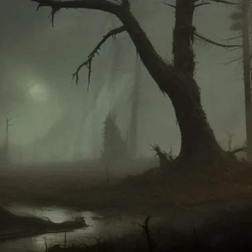 franz frazetta style, dead forest, wasteland, dusk, god in the distance