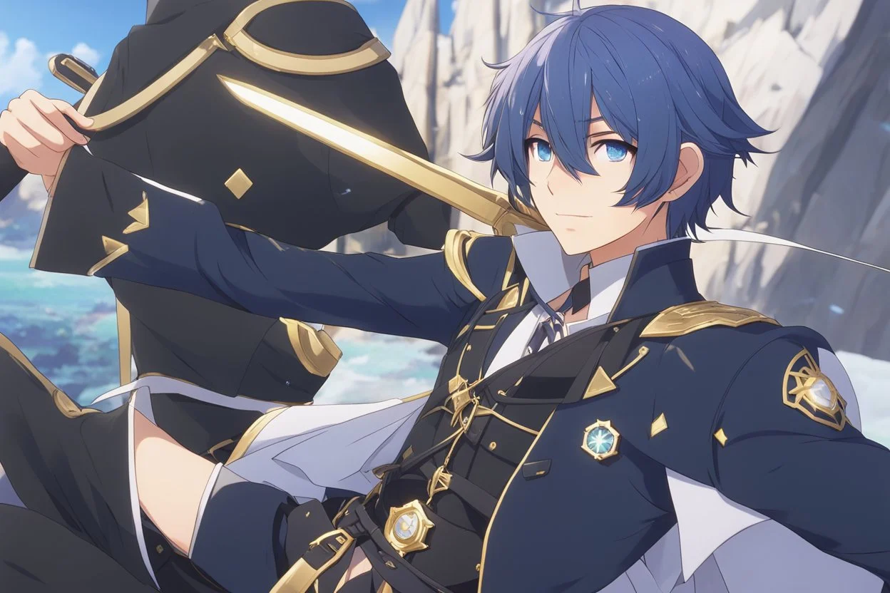 Kaeya Alberich from Genshin Impact, tanned complexion and navy-blue hair with streaks of lighter blue, with a waist-length lock of hair that starts at the base of his scalp on the back of his head at the left. His visible eye is periwinkle with a diamond-shaped pupil, Over his right eye he wears a gold-trimmed black eyepatch that is mostly covered by his bangs, intricate background, intricate face, sitting on a cliff during sunset, contemplative, anime style, dynamic composition