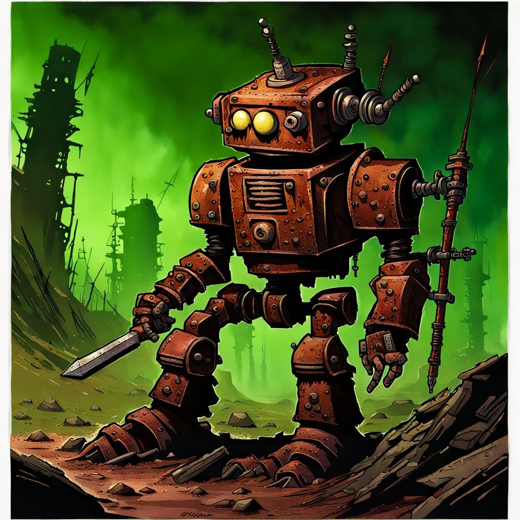 90's fantasy tcg art of rusted post apocalyptic robot warrior in toxic ooze wasteland