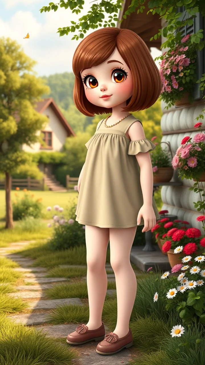 a 10 percent carton like child girl with realistic face and bob hair and makeup in pretty top and short tight and nice shoes,looking like a beautifull lady standing in country side next to country house with flowers,trees.