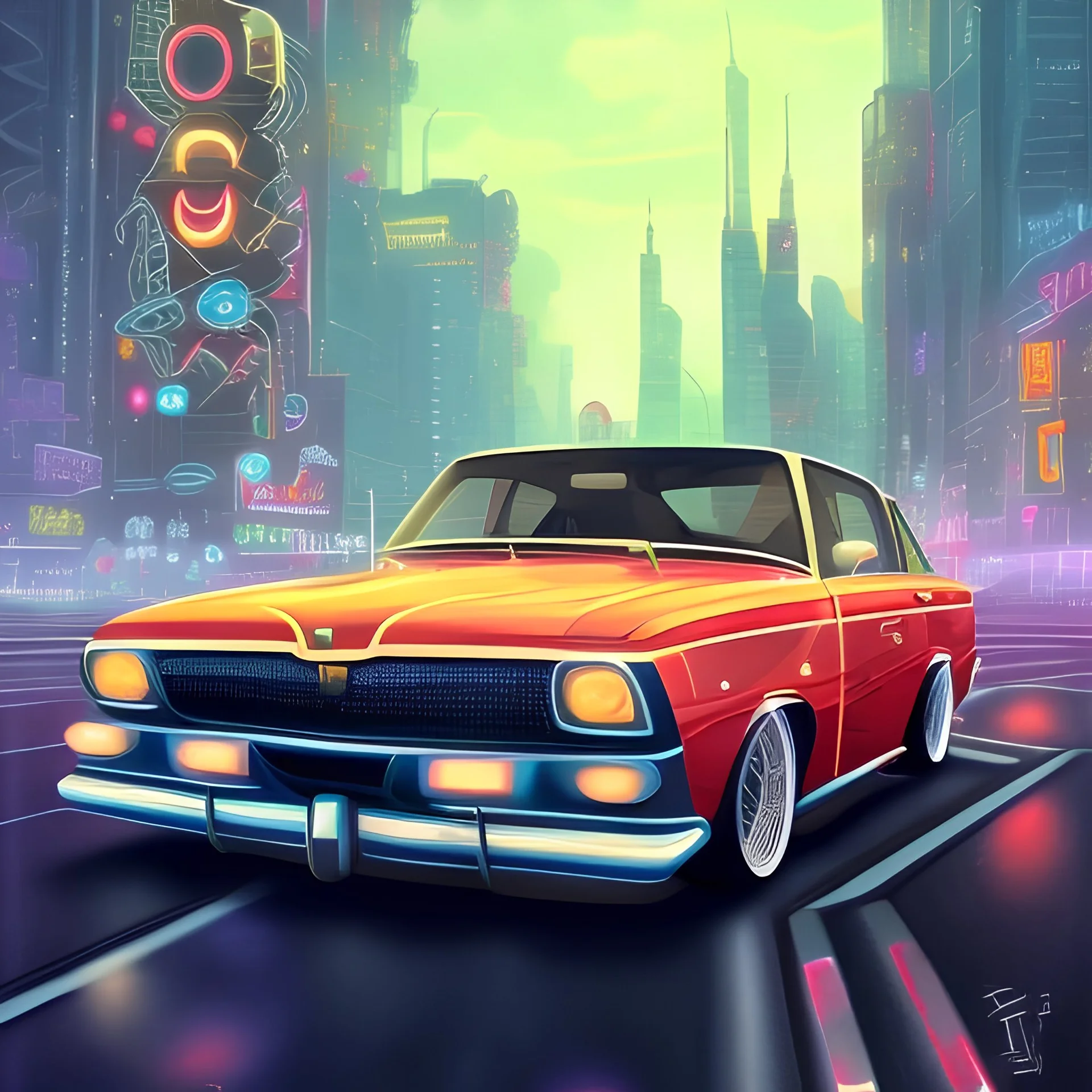 retro car speeding through neon city with skyscrapers