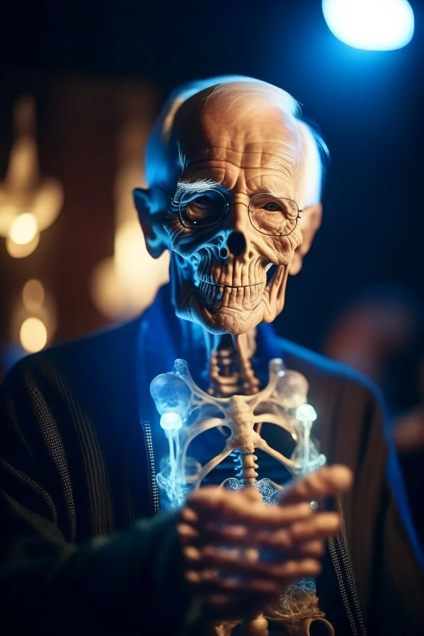 portrait of flashy transparent old man showing of his glowing skeleton, zeiss prime lens, bokeh like f/0.8, tilt-shift lens 8k, high detail, smooth render, down-light, unreal engine, prize winning