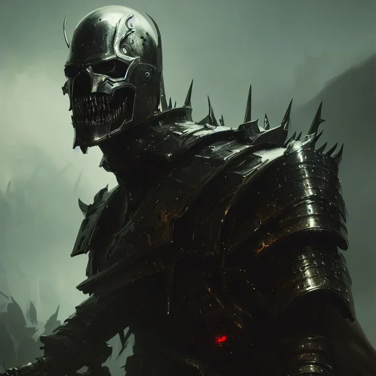 evil king in black metal armor, angry, emperious, 8k resolution concept art portrait by Greg Rutkowski, cyberpunk 2077