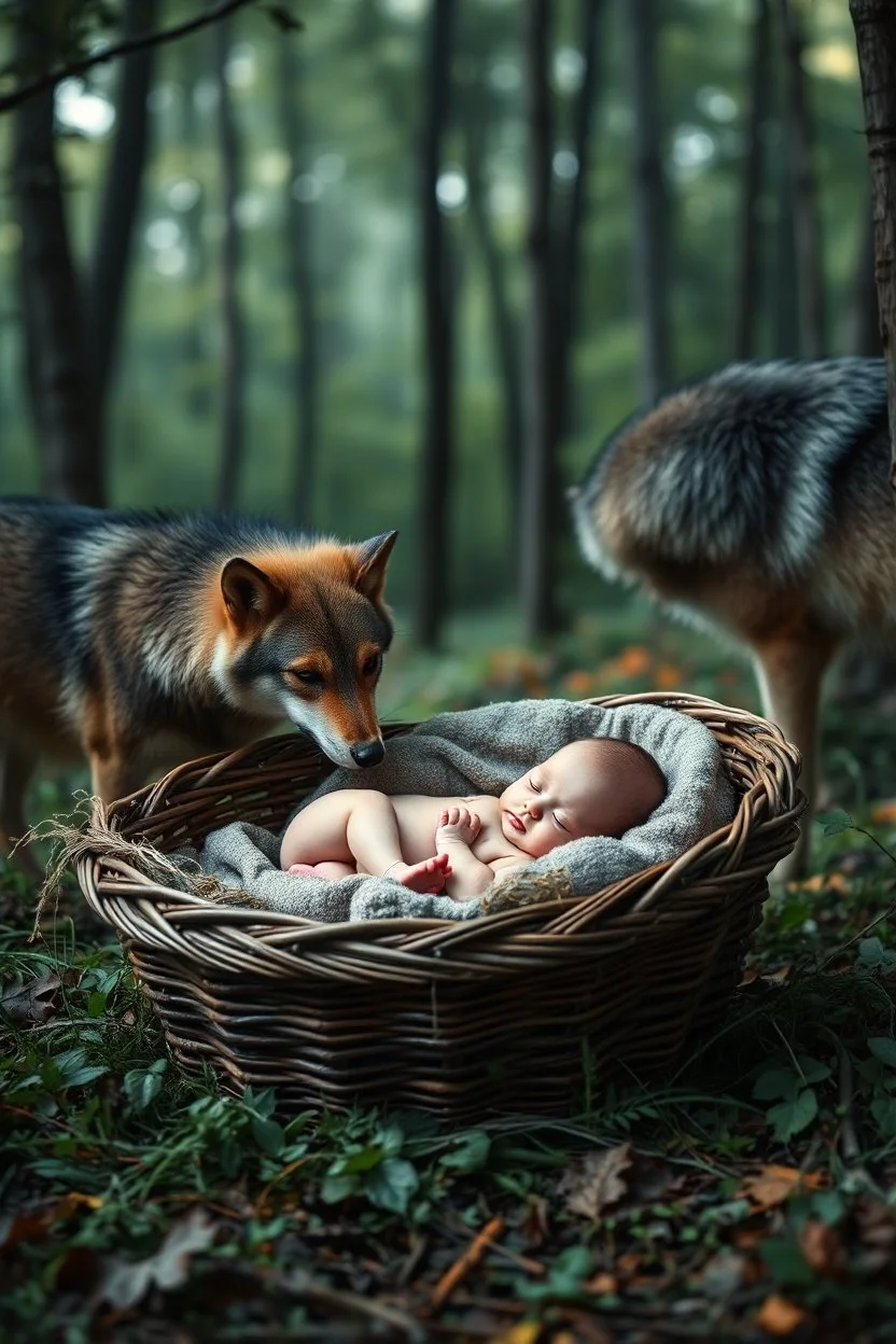 A baby sleeping in a basket in the middle of a forest . Two wolfs looking at the baby