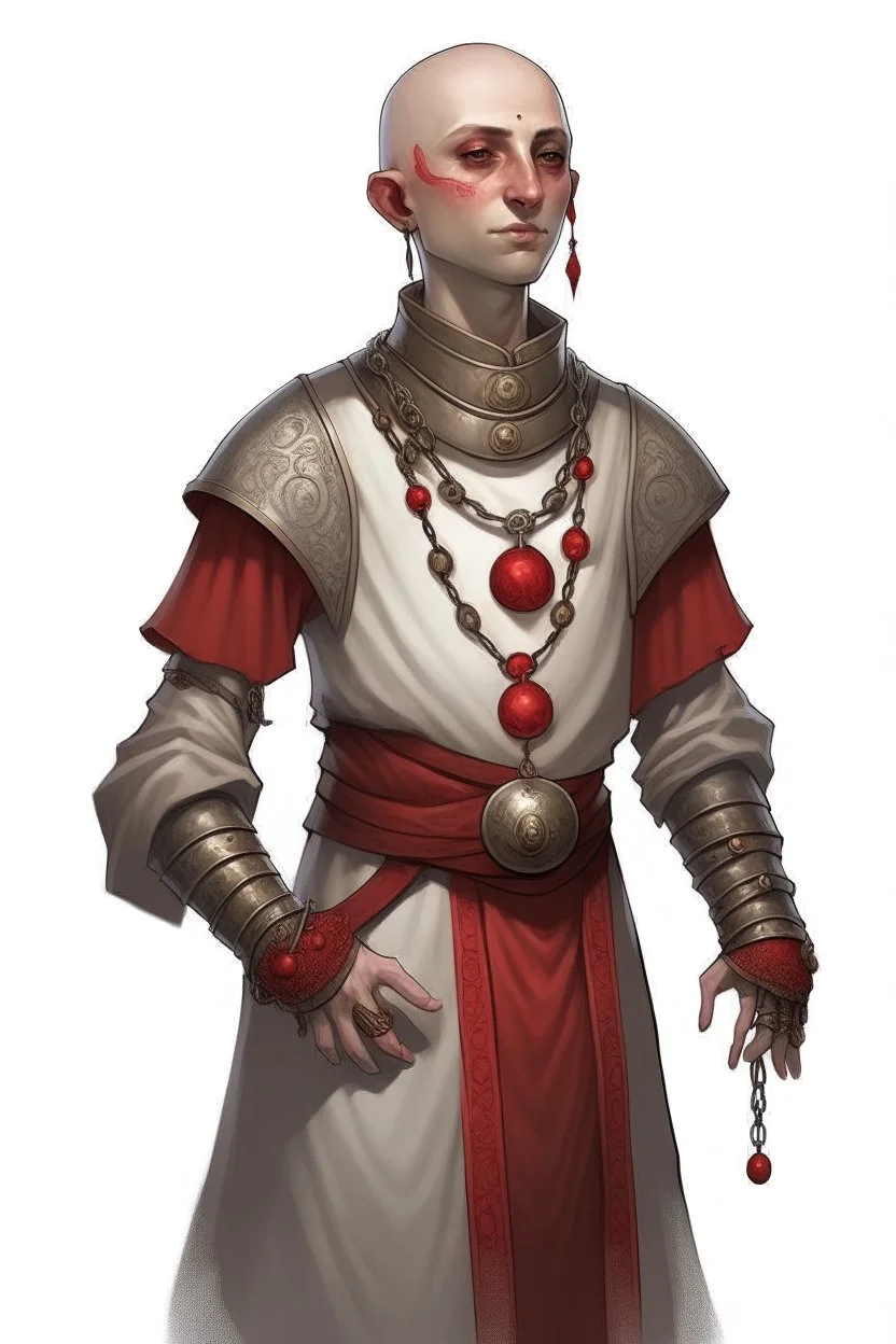 full length 22-year old, grey eyed, bald female human cleric with a necklace of red beads, wearing scale mail