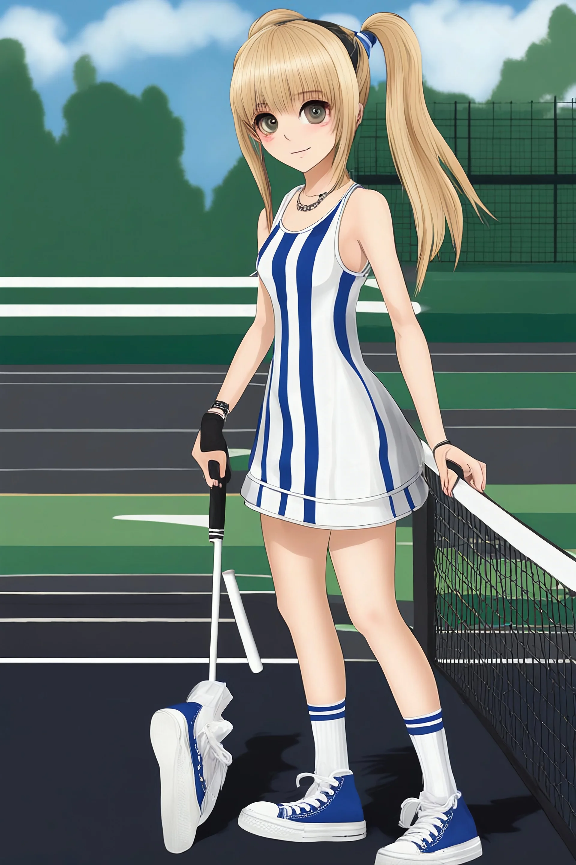 General Fast V2 (Flux), Create a realistic image of a female with long, straight blonde hair, the bangs cut straight across the forehead, hazel eyes, wearing a sleeveless, strapless, blue and white-striped nylon extremely short mini dress with a plunging neckline, knee high white socks and black converse tennis shoes, happy facial expression