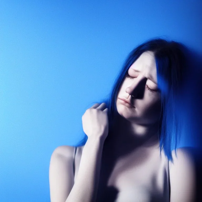 sad woman stand in blue clear background,realistic woman,detailed,hight qualty, album cover