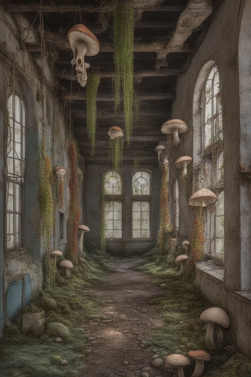 skeletal derelict buildings with hanging plants and vines, with coloured fungi and mushrooms on the walls