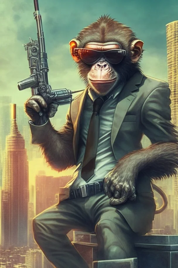 criminal monkey with a machinegun and sunglasses. Realistic image, City Background, monkey wearing a suit, smoking a cigar