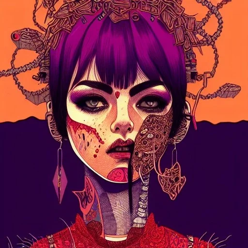 beautiful punk girl, hyper detailed, hyperdetailed, intricately detailed, illustration by <asaf hanuka>, purple tones, darkred tones,