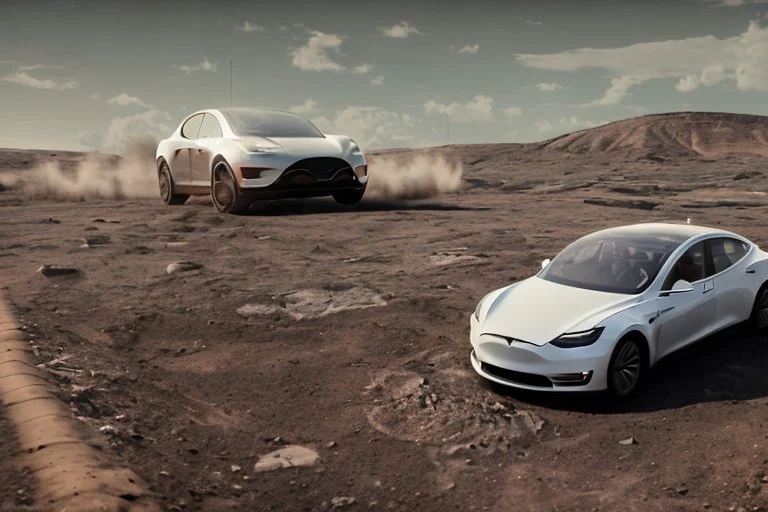 A Tesla 'Model S' is racing at top speed, at the lunar landing site of the 'Apollo 11'. (CINEMATIC, WIDE ANGLE LENS, PHOTO REAL)