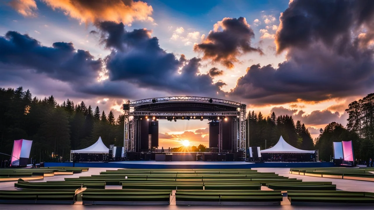 a big open disko stage in modern city center , at distance,blue sky pretty clouds ,sunset ,golden hour,closeup.