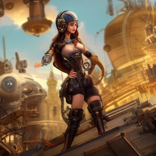 great illustrator, spanish, realistic rendering of a russian cute girl, beautiful, steampunk style. Helmet with tubes. smiling. Machinery in the background. robotic bird flying. High details. 4k. unreal engine