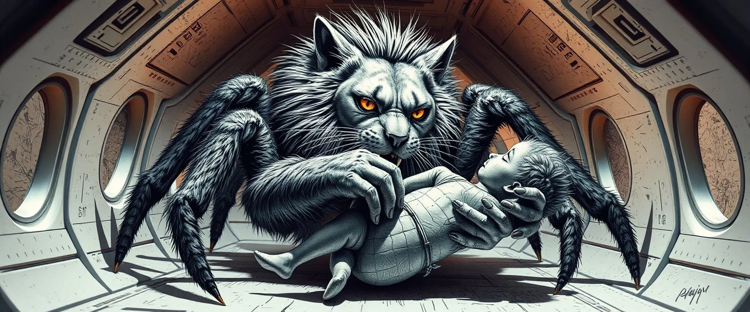 gritty air brush 3d with pen outline, vampire space spider lion cat holding a human in its grip, pin hole cam in doll house space ship