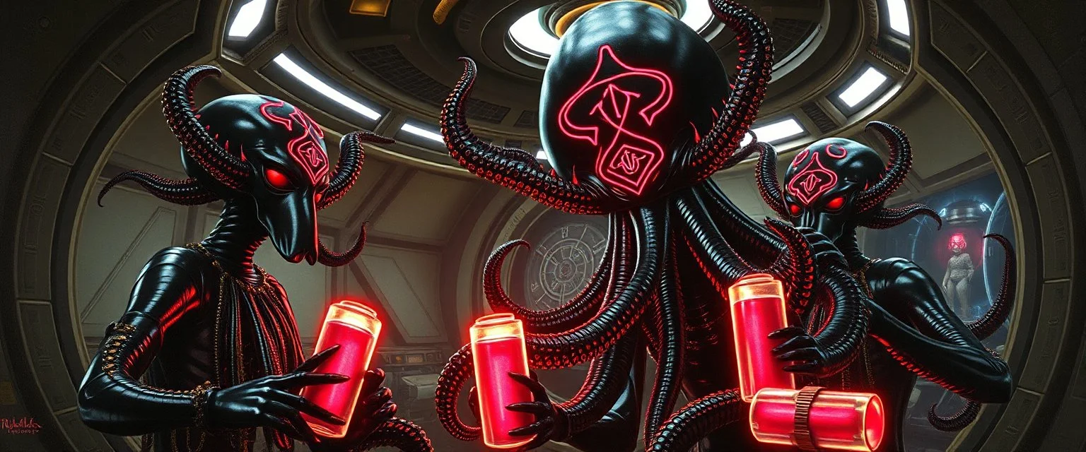 distorted master oil painting by Rembrandt, black glistening slimy octopus insectoid hypnotic Nephilim tribal ornamented insignia trauma watchers commando in spaceship with some scared humans in huge neon canisters, in the style of Giger, 3d anime, sculptures