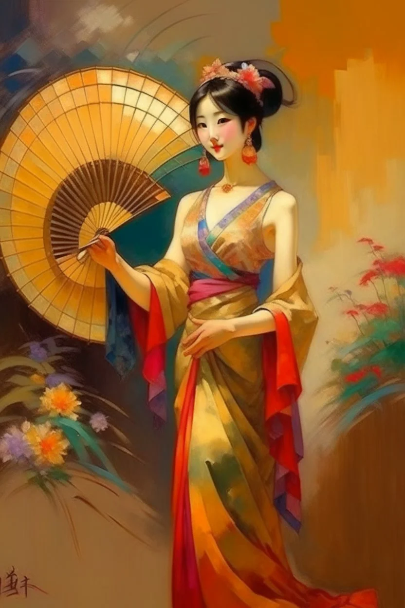 asian woman with long dress and a fan in her hand looking back neoclassism whole body smiling bright colors painting