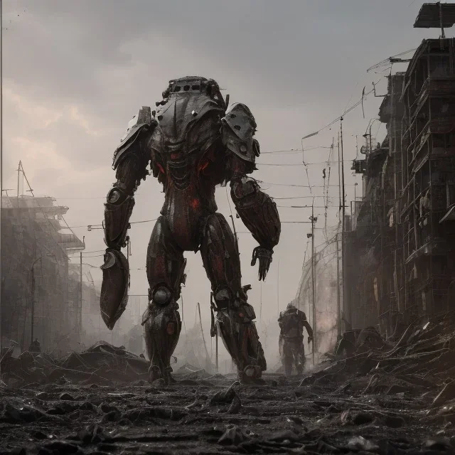 Giant hybrid human future armor, large tools digging up land dirt old buildings, army's heavy construction, lightening, fire, rebuild city destruction, workers molten metal