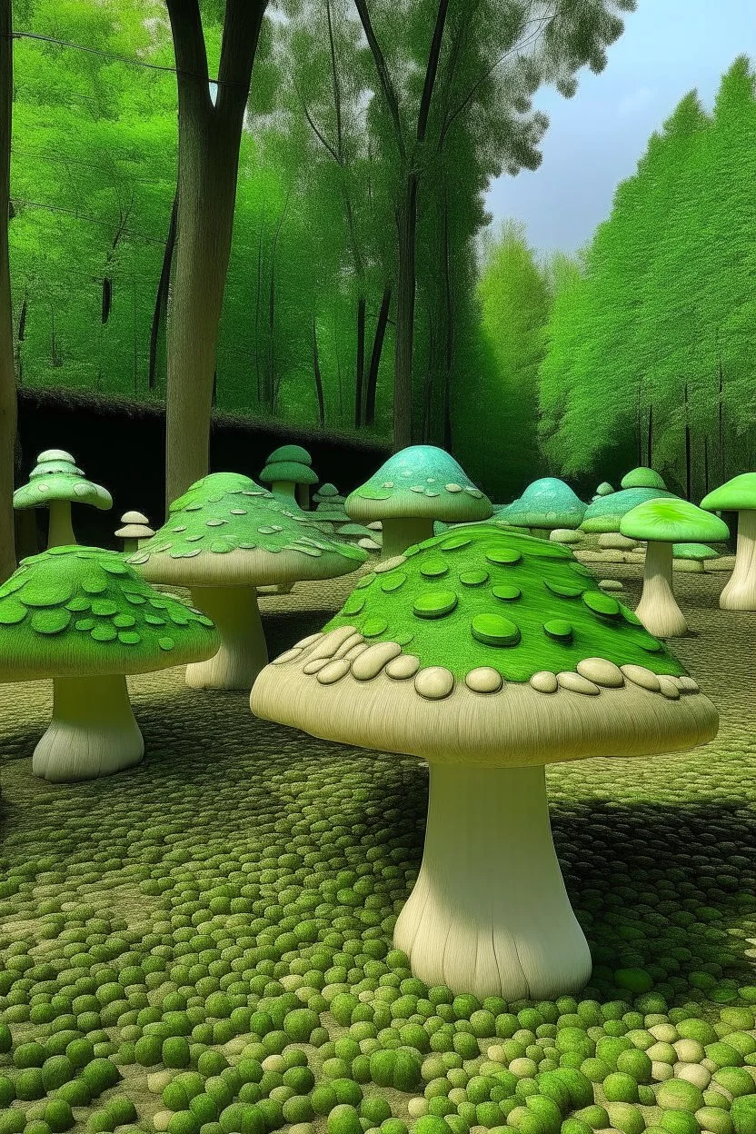 A lime green grove filled with mushrooms designed in Ica stones painted by Vincent van Gogh