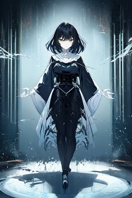 Anime girl with short black hair and sharp green eyes, holding a pike, full body black and white metal plate armour, full body shot, Dramatic lighting,1woman, soaked in blood, standing pose, close shot, lean body,