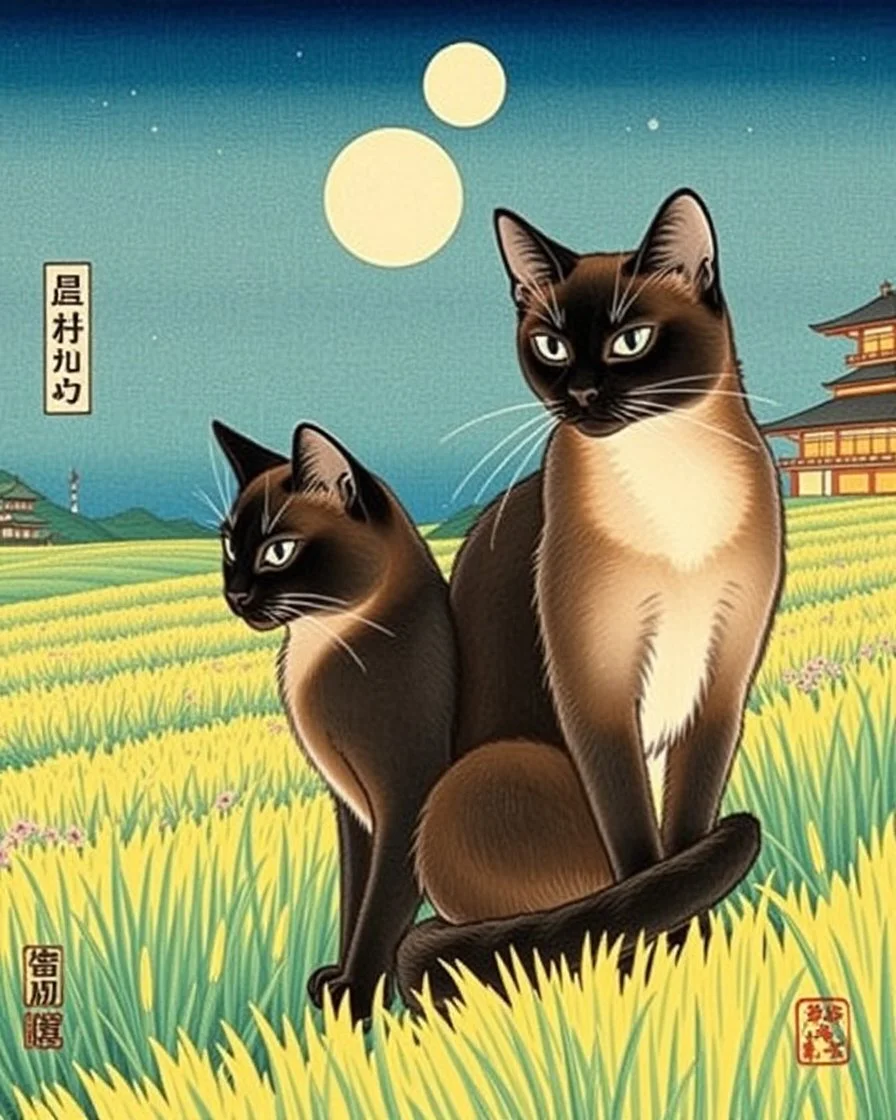 Two sister Oriental shorthair Siamese chocolate point cats" Asakusa Ricefields, Japanese Art Poster, in the style of Utagawa Hiroshige
