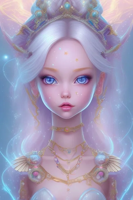 cosmic petite princess girl belle fine, profil de trois quart, grand front cosmique, peau bleu cristalline, yeux bleu, perle sur le front long cheveux blond et rose etoilé, cristaux sur le corps, collier de grande princesse, levres souriante, très jolie sourire