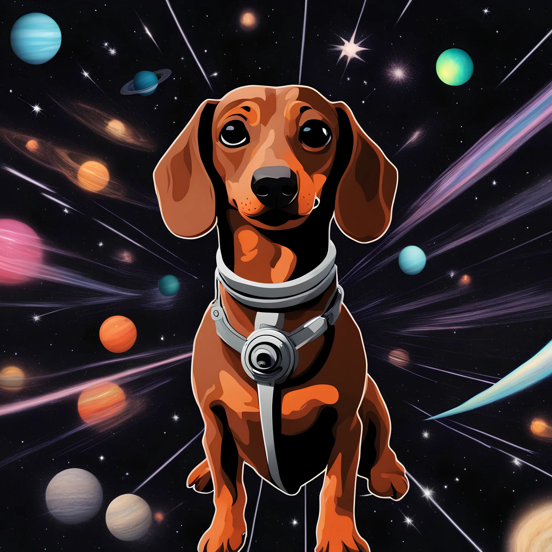 brown Dachshund on LSD in space