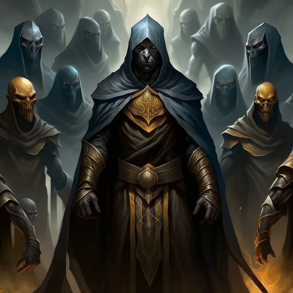 The game master, hooded figure looming over warriors