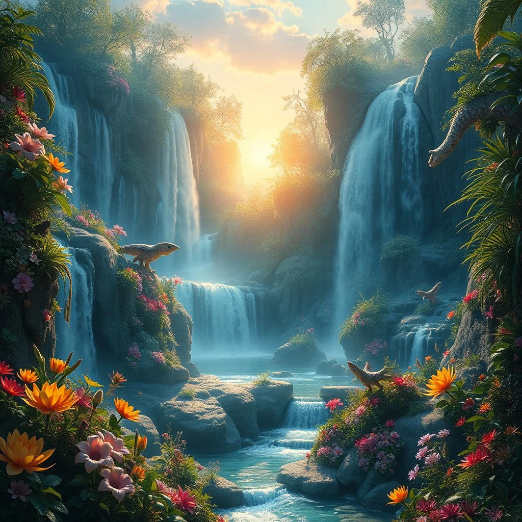 Award-winningUltra-realistic fantasy photography of a magnificent hidden realm overflowing with exotic flora and fauna, crystal-clear waterfalls, luminous flowers, rare fantasy creatures living naturally within the environment, extraordinary realism, soft golden sunrise light, cinematic fine art photography, masterpiece, 64k