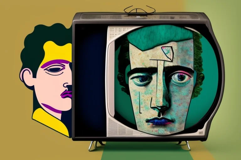 man with head inside a old tv in the style of Eileen Agar