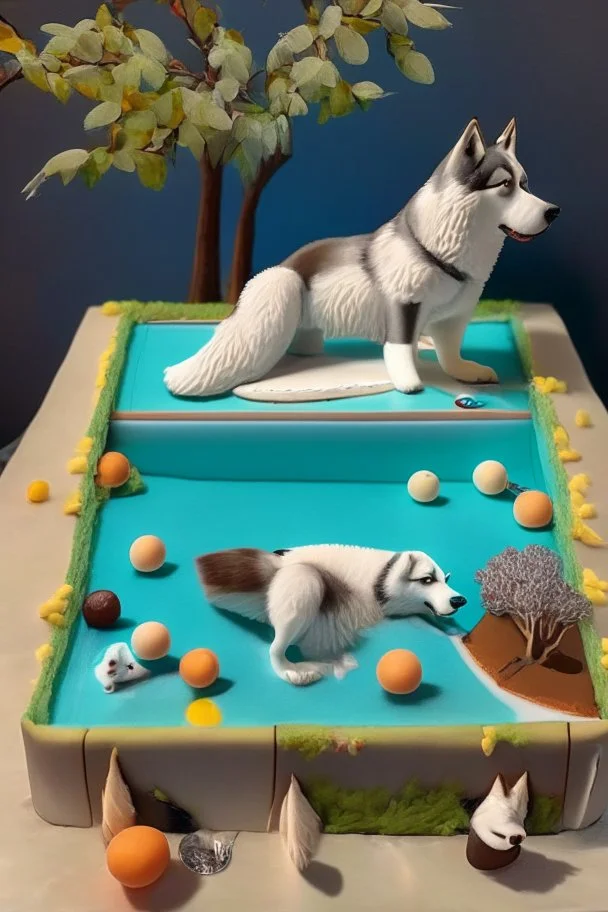 Birthday cake topped with a pool table, apricot tree and a husky dog